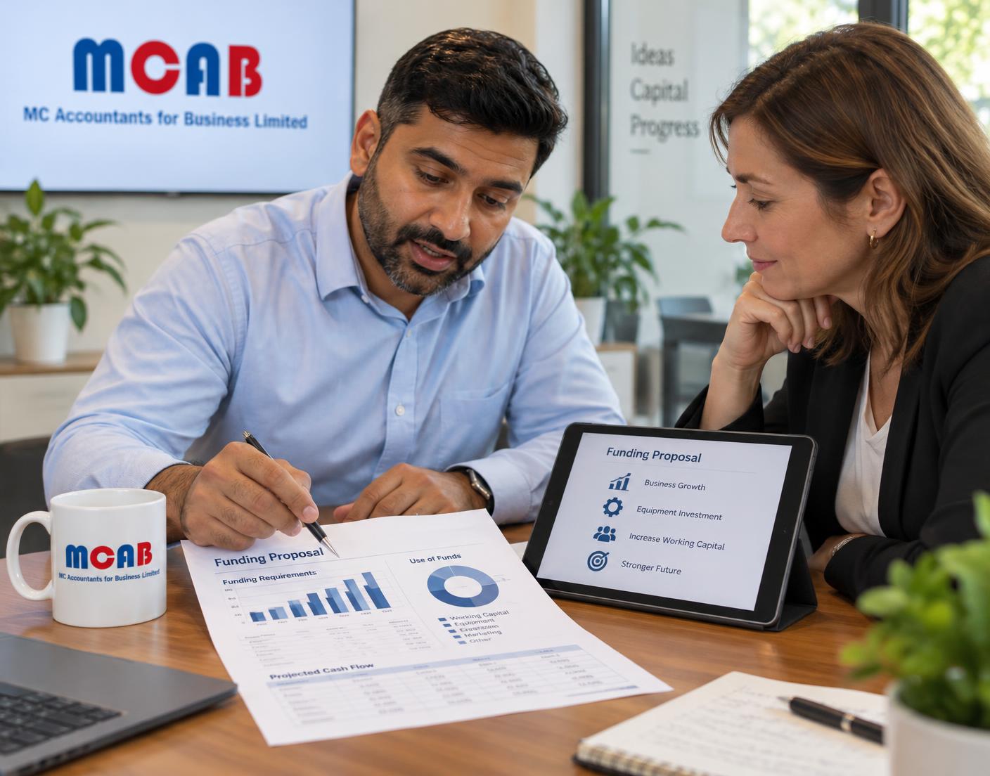An adviser reviewing a business funding proposal with a client